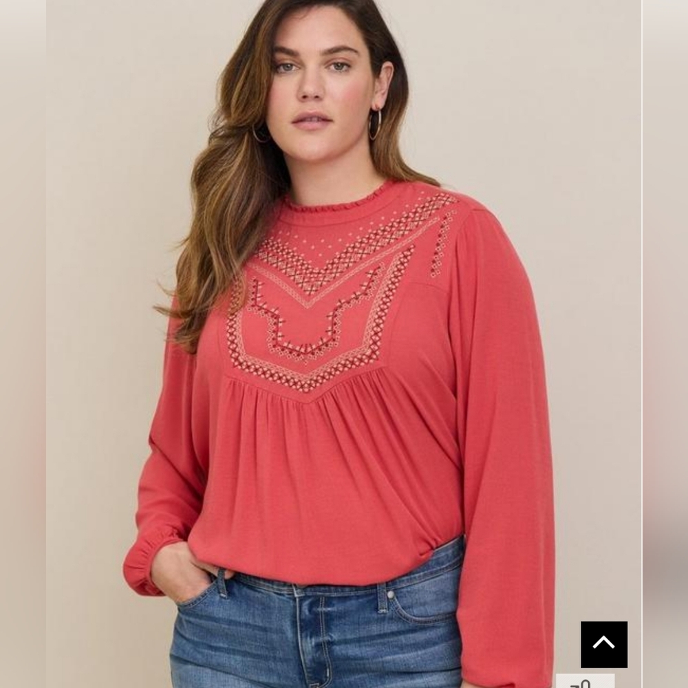 Torrid Orange long sleeve crew neck Embroidered Blouse Sz 5